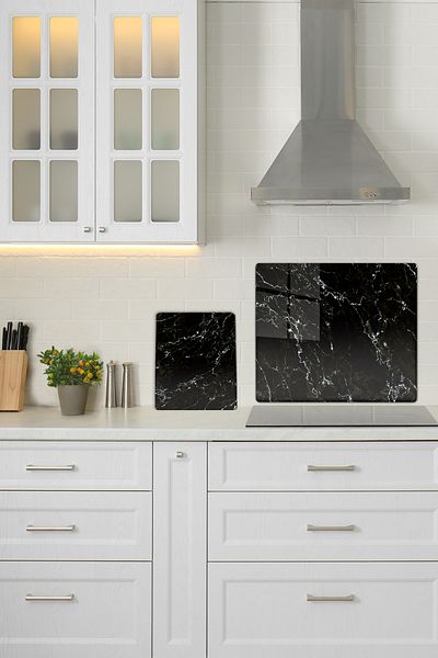 Decorita Set of 2 Black Marble Look| Glass Stove Back - Glass Cutting Plate
