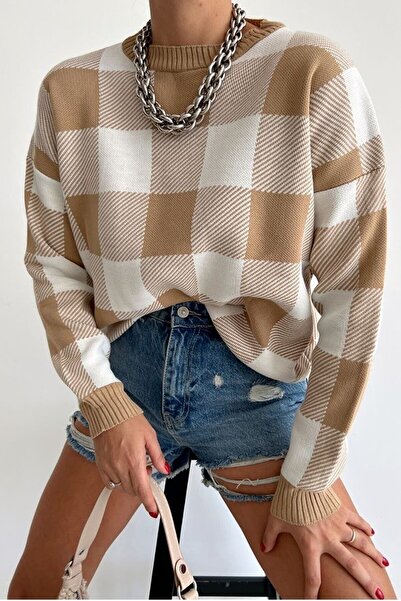 vuvutasarım Νέα σεζόν Γυναικείο πλεκτό πουλόβερ με καρό σχέδιο με λαιμόκοψη