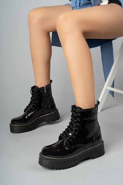 Aleza Shoes Γυναικείες μπότες Vanetix με χοντρό τακούνι με φερμουάρ μαύρο λουστρίνι