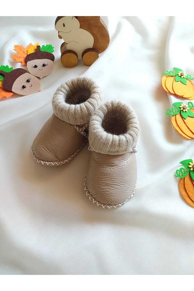 MİNİBİRİ Organic Genuine Lambskin Baby Booties Slippers Baby Boots Baby Shoes