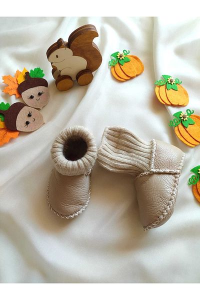 MİNİBİRİ Organic Genuine Lambskin Baby Booties Slippers Baby Boots Baby Shoes