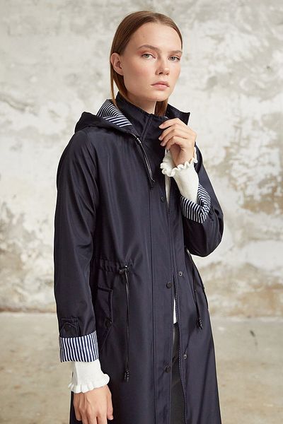 InStyle Lined Stripe Pattern Trench Coat - Navy Blue