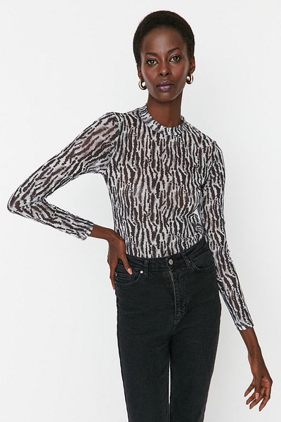 Trendyol Collection Zebra Pattern Tulle Knitted Blouse