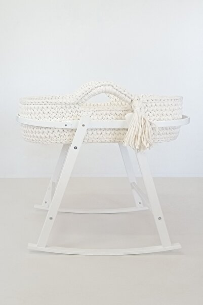 Babycom Beyaz Ahşap Çemberli Beşik Standı + Kırık Beyaz Örgü Sepet