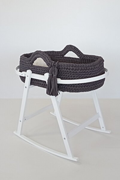 Babycom Beyaz Ahşap Çemberli Beşik Standı + Koyu Gri Örgü Sepet