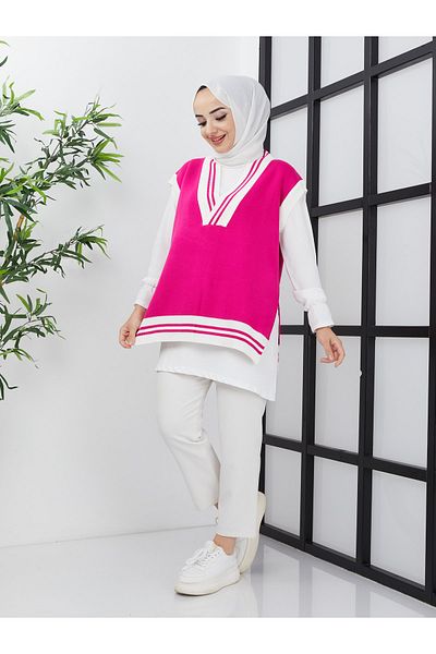 Pamuk Butik Women's Fuchsia V-Neck Knitwear Sweater