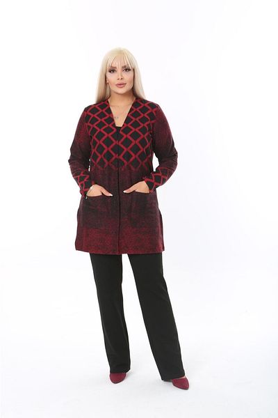 Mezura Women's Large Size Stylish Autumn / Winter Burgundy Arugula Pattern Jacquard Cardigan Jacket