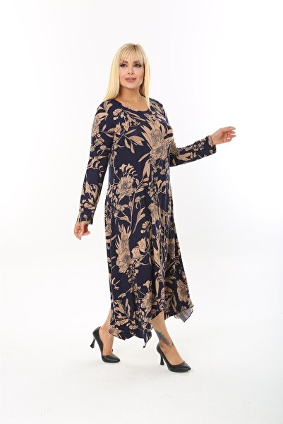 Mami Φόρεμα από ύφασμα βισκόζης με μακρυμάνικο ασύμμετρο κομμένο σε μπλε ναυτικό σχέδιο