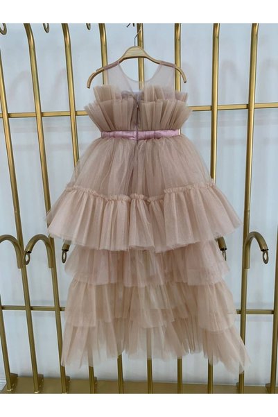 shopland Mink Color Tailed Fluffy Princess Model Luxury Tutu Skirted Tutu Body Ribbon Belt Evening Dress