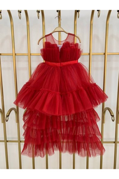 shopland Red Girl's Tailed Fluffy Princess Model Luxury Tutu Skirt Ribbon Belt Evening Dress