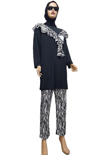 eflin Women's Clothing Black-white Zebra Pattern Valon Full Covered Hijab Swimsuit Large Size Option