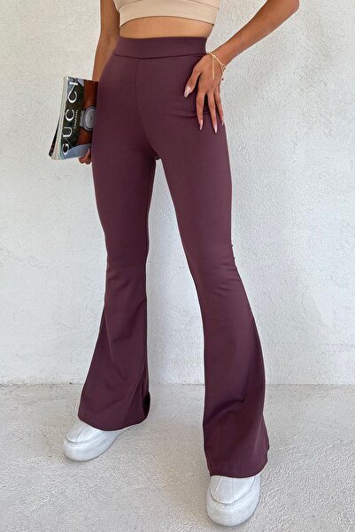 VOSSAX Women's Brown Ribbed Flared Leg High Waist Recovery Pants Leggings