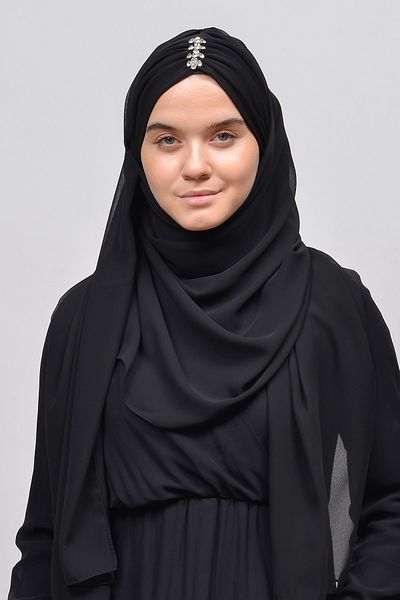 Altobeh Κομψό Stone Draped Ready Practical Chiffon Hijab Shawl-μαύρο