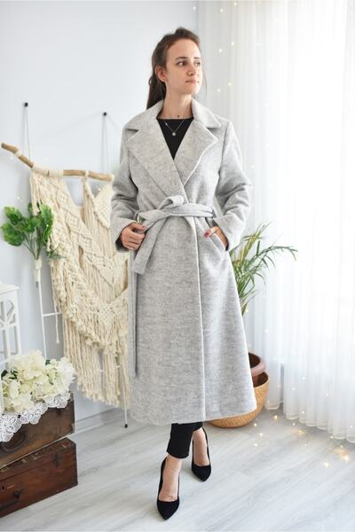 PERÇEM Hellgrauer Filzmantel mit Gürtel für Damen