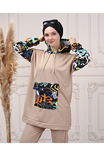 CNG MODA Women's Sleeves Printed Hooded Stylish Color Detailed Tracksuit Set