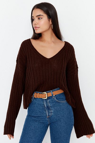 Trendyol Collection Широк пуловер от кафяв трикотаж - TWOAW23KZ01844