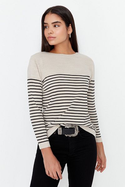 Trendyol Collection Basic Stone csíkos kötöttáru pulóver - TWOAW23KZ01846