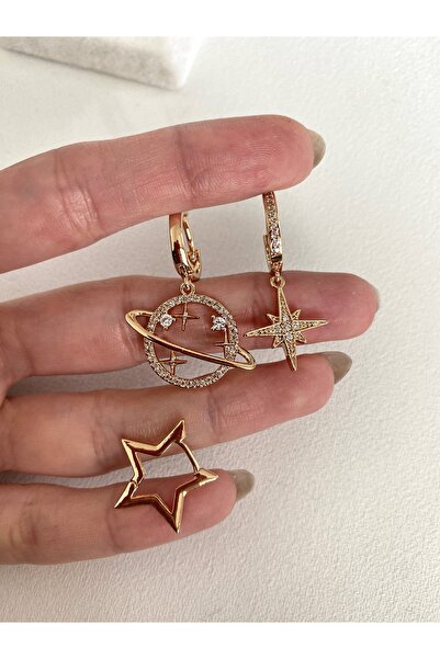 Okkostore Kadın Gold Rengi Gezegen Charm Detaylı 3’lü Küpe Seti