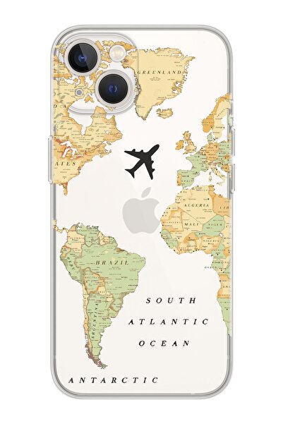 shoptocase Iphone 14 Uyumlu Eski Dünya Haritası Tasarımlı Premium Şeffaf Tele...