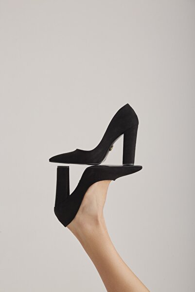 AYAKKABI PRENSİ Amarok Kalın Topuk Siyah Suet 10 Cm Kadın Stiletto, Topuklu Ayakkabı