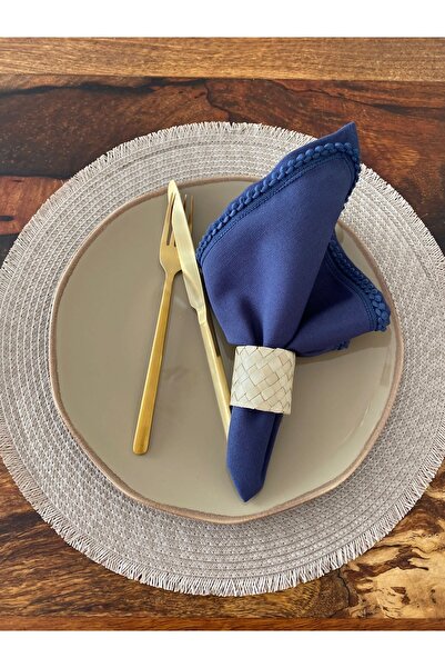 LIFE OR LOVE ebru korkmaz 6’lı Lacivert Biyeli Dak Keten Kumaş Servis Sunum P...