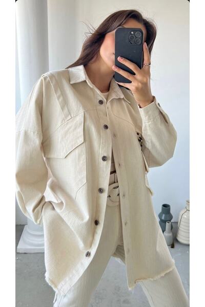Okyanus Butik Kadın Cep Boncuk Detaylı Oversize Gömlek