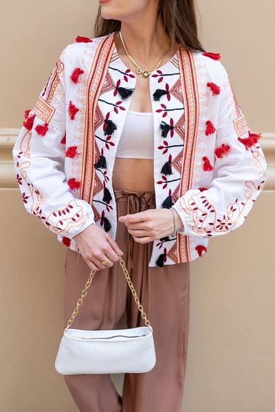FEMELLE Γυναικείο Κέντημα Φούντες Ethnic Pattern Vintage Μπουφάν
