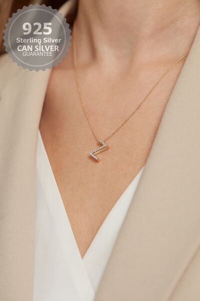 CAN SİLVER 925 Ayar Gümüş Zirkon Taşlı Gold Kaplama Z Harfi Kadın Kolye