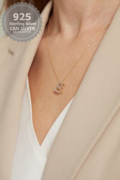 CAN SİLVER 925 Ayar Gümüş Zirkon Taşlı Gold Kaplama B Harfi Kadın Kolye