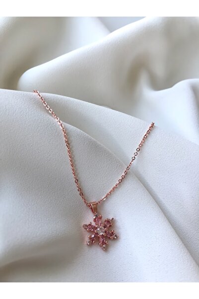 iema Rose Gold Plated Lotus Camellia Flower Necklace with Pink Stone