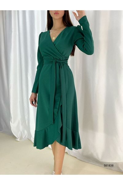 KADINCA MODA Rochie de damă din țesătură creponată verde, lungime midi, cu mânecă lungă cu curea (VERDE)