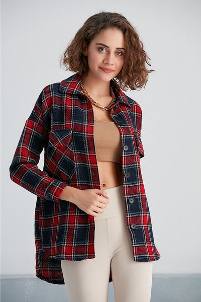 İBABUTİK Women's Plaid Knitted Plaid Shirt