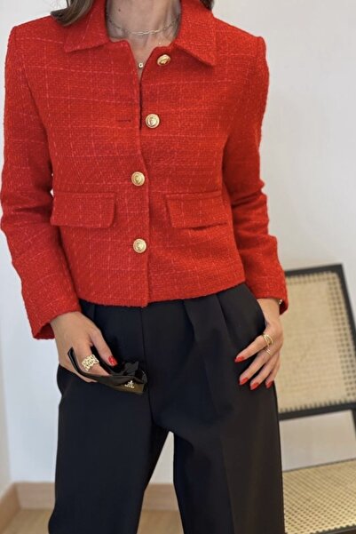 Suziş Kadın Kırmızı Tüvit Kumaş Astarlı Kısa Ceket