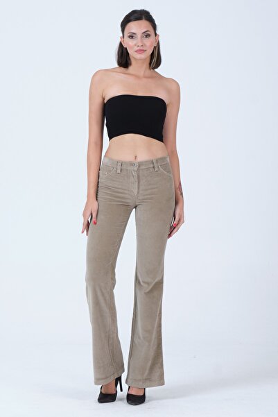 Barkaist Kadın Bej Normal Bel Fitilsiz Flare Paça Kadife Pantolon