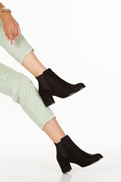 irmona Meri Siyah Lüks Süet Lastikli Topuklu Kısa Bot Bottie