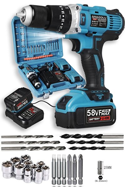 Anadolu Strong 58vf 5ah Li Sjs Çift Metal Şanzuman Metal Mandren Çift Akülü Şarjlı Matkap 24 Parça Set Hediyeli