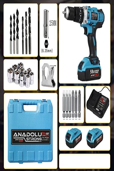 Anadolu Strong 58vf 5ah Li Sjs Çift Metal Şanzuman Metal Mandren Çift Akülü Şarjlı Matkap 24 Parça Set Hediyeli