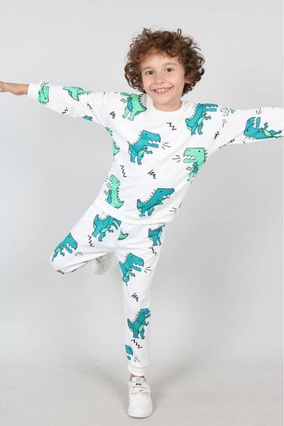 pistyle Boy's White Blue Dinosaur Patterned Tracksuit Set