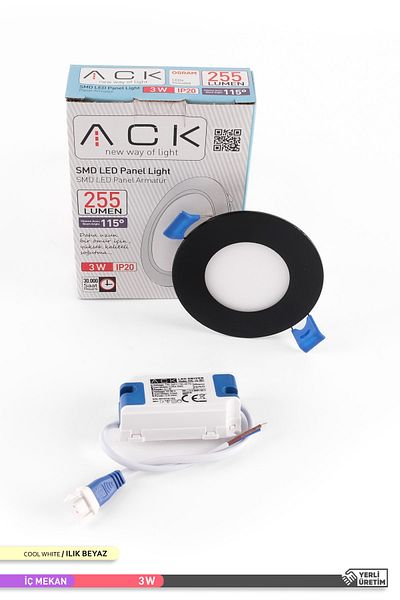 ACK 3w Recessed Round Led Panel Fixture Black Body 4000k Warm White