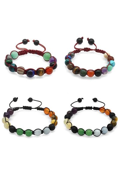 Tesbihane Multicolor Macrame Braided Sphere Bracelet - Natural Stone Combination Family Success Set (4 Pieces)
