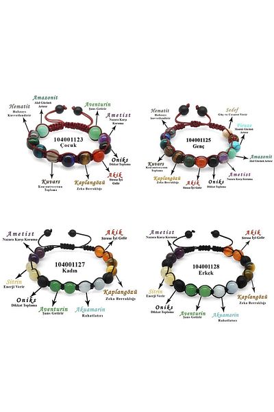 Tesbihane Multicolor Macrame Braided Sphere Bracelet - Natural Stone Combination Family Success Set (4 Pieces)