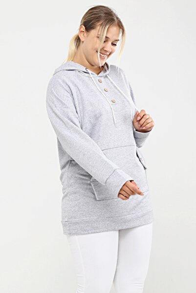 tarzımsüper Women's Plus Size Hooded Kangaroo Pocket Lycra Button Detailed Long Hoodie Sweatshirt Gray