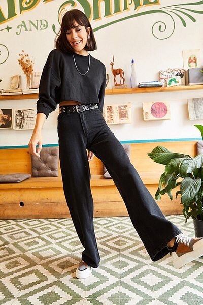 Livik Fina Black Lycra Super High Waist Wide Leg Jean Loose Leg Jeans