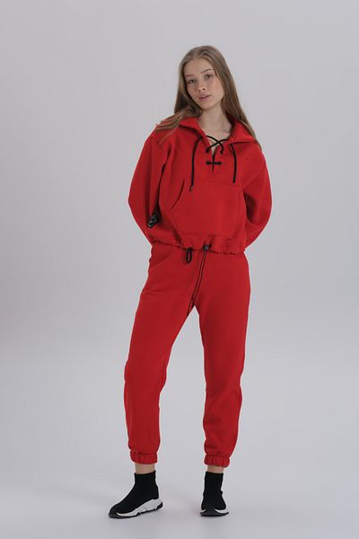 DAVID&GERENZO Red Lace Collar Detailed Ribbed Leg Tracksuit Set