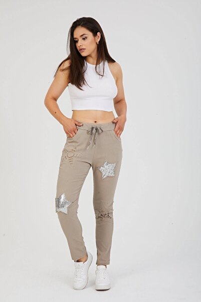 AYASOFYA OTANTIK Women's Mink Italian Sequin Star Patch Ripped Detailed Skinny Leg Lycra Trousers