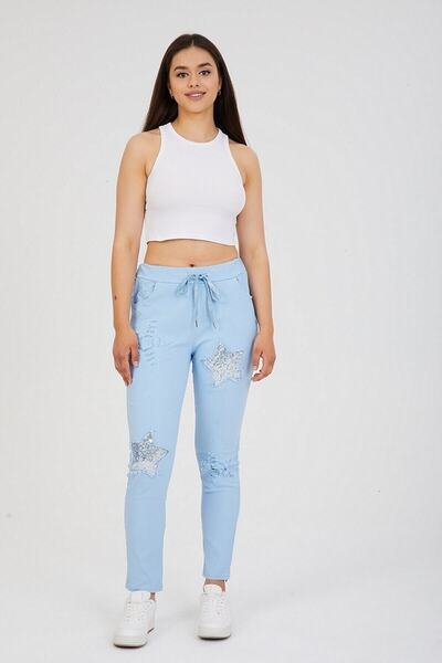 AYASOFYA OTANTIK Women's Light Blue Italian Sequin Star Patch Ripped Detailed...