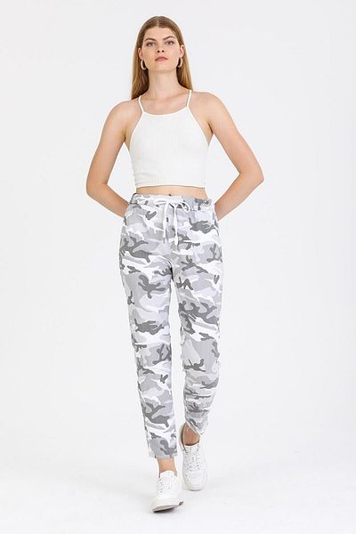 AYASOFYA OTANTIK Women's Italian White Camouflage Pattern Slim Leg Skinny Trousers