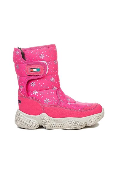 Amanal Girl's Snow Boots Fuchsia Patterned Fur Velcro Thermal Non-Slip Sole W...