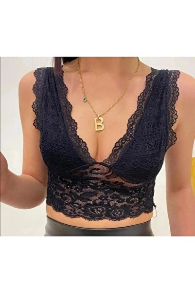Gokilibutik Kadın Siyah Askılı V Yaka Dantelli Pedsiz Bralet Bluz