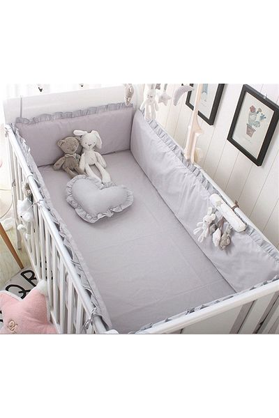 Jaju Baby سرير أطفال رمادي مكشكش مقاس 60 × 120 لونًا / حماية حافة الطفل مونتيسوري